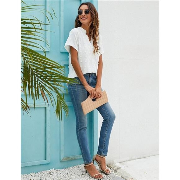 Womens White Chiffon Blouses Short Sleeve V Neck Shirts Summer Casual Polka Dot - Picture 3 of 6